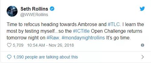 WWE洲际冠军赛斯·罗林斯将要在TLC大赛上面对安布罗斯的挑战