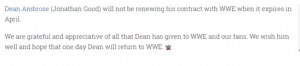 WWE迪安布罗斯将可能在4月摔角狂热35后离职