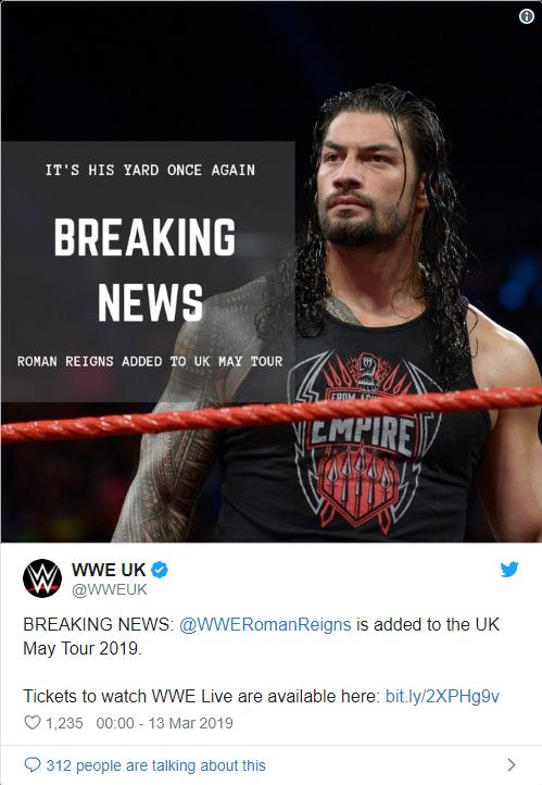罗曼雷恩斯将参加2019年WWE英国巡回赛