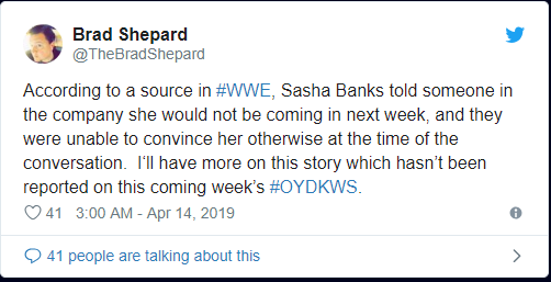 莎夏·班克斯（Sasha Banks）已经告诉WWE管理她下周不会回来