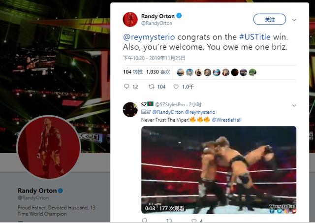 神秘人雷尔喜获WWE全美冠军，兰迪奥顿发贺电