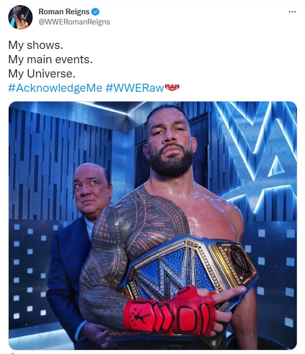罗曼雷恩斯在今日WWE RAW 上拿下两场胜利后发表推特，这是我的地盘